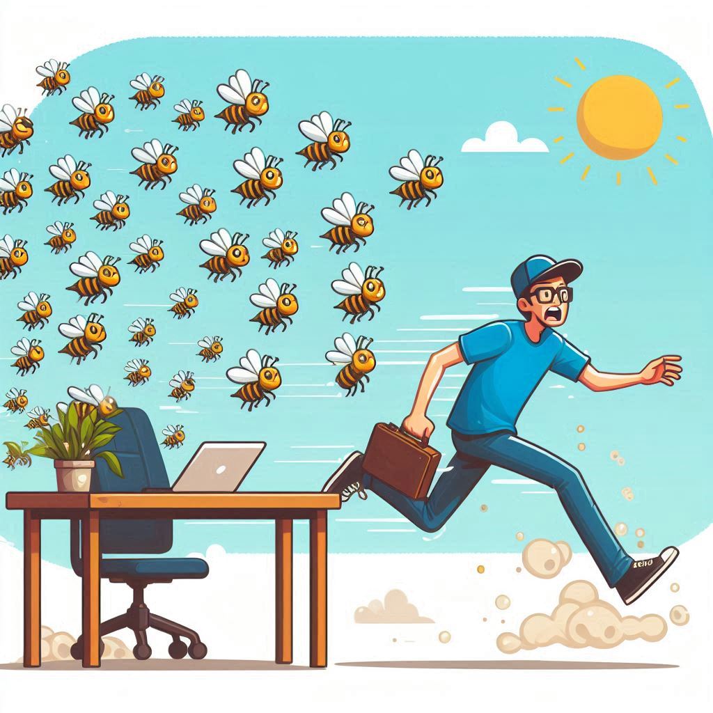 Beekeeper/software developer is running from the swarm of bees, leaving work undone
