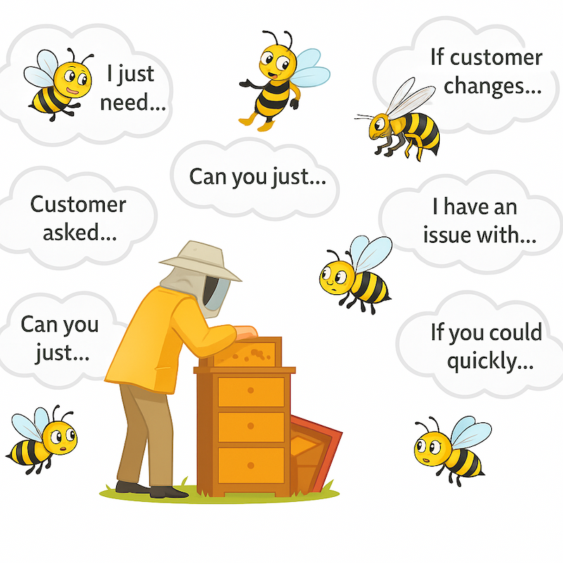 Beekeeper is trying to inspect hive while at the same time bees are flying angrily around, representing number of questions team leader is getting during the day